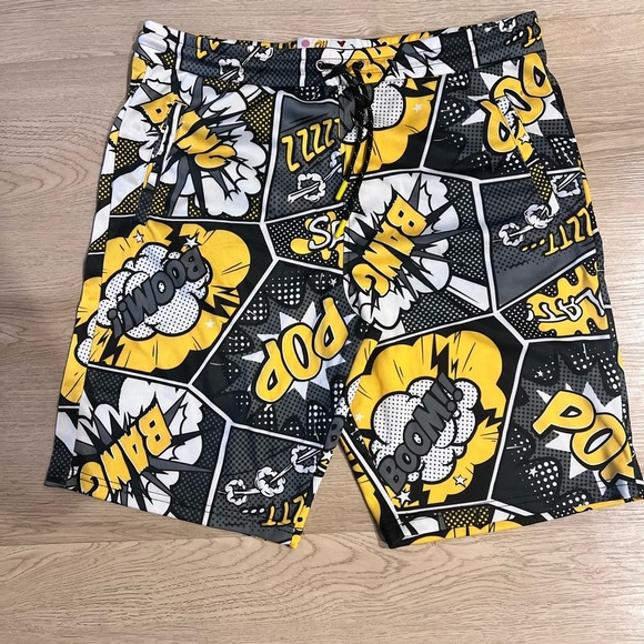 Comic Print Men's Swim Shorts - Picture 1 of 7